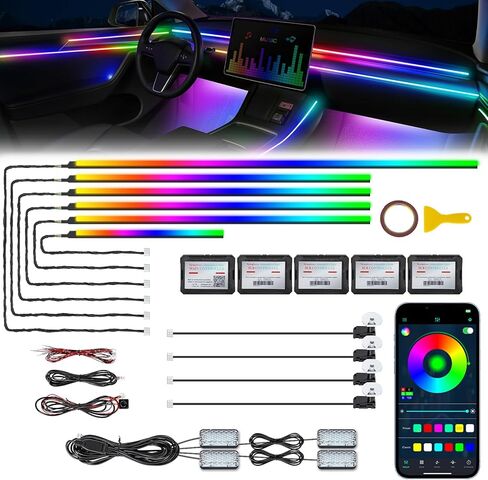 شريط إضاءة LED داخلي للسيارة من الأكريليك Dreamcolor مع تطبيق لاسلكي، RGB 22 في 1 مع 175 بوصة 600 مصباح LED من الألياف الضوئية مجموعات الإضاءة المحيطة بالسيارة، وظيفة مزامنة الموسيقى شريط LED نيون لإكسسوارات السيارات in Saudi Arabia
