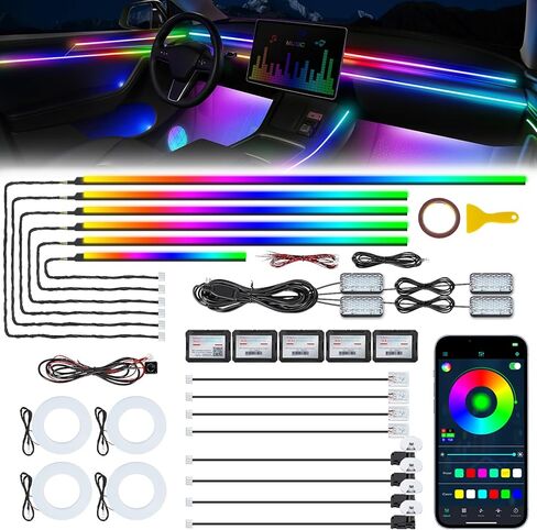شريط إضاءة LED داخلي للسيارة من الأكريليك Dreamcolor مع تطبيق لاسلكي، RGB 22 في 1 مع 175 بوصة 600 مصباح LED من الألياف الضوئية مجموعات الإضاءة المحيطة بالسيارة، وظيفة مزامنة الموسيقى شريط LED نيون لإكسسوارات السيارات in Saudi Arabia