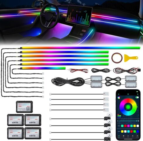 شريط إضاءة LED داخلي للسيارة من الأكريليك Dreamcolor مع تطبيق لاسلكي، RGB 22 في 1 مع 175 بوصة 600 مصباح LED من الألياف الضوئية مجموعات الإضاءة المحيطة بالسيارة، وظيفة مزامنة الموسيقى شريط LED نيون لإكسسوارات السيارات in Saudi Arabia