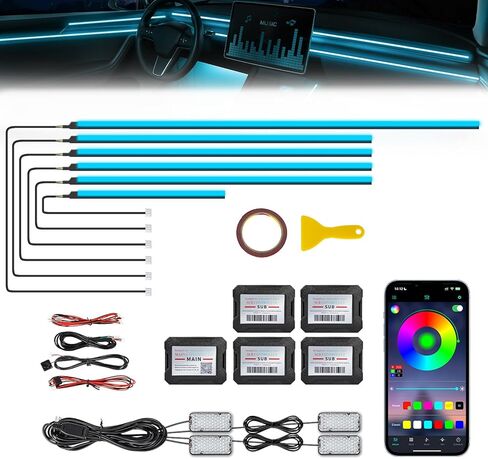 شريط إضاءة LED داخلي للسيارة من الأكريليك Dreamcolor مع تطبيق لاسلكي، RGB 22 في 1 مع 175 بوصة 600 مصباح LED من الألياف الضوئية مجموعات الإضاءة المحيطة بالسيارة، وظيفة مزامنة الموسيقى شريط LED نيون لإكسسوارات السيارات in Saudi Arabia