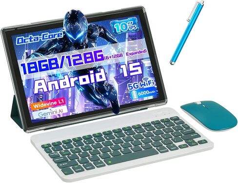 Android 15 Tablet, 10 inch 2 in 1 Tablets with Keyboard, 18GB RAM 128GB ROM 2TB Expand, Quad-Core 2.0Ghz CPU, 5G WiFi 6, BT5.0, 1280x800 HD Touchscreen, 6000mAh, Widevine L1, GMS Tablet, Pink in Saudi Arabia