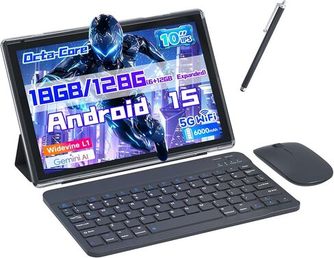 Android 15 Tablet ، 10 بوصة 2 في 1 أقراص مع لوحة مفاتيح ، ذاكرة الوصول العشوائي 18 جيجا بايت 128 جيجا بايت ROM 2TB توسيع ، رباعي النواة CPU ، 5G WIFI 6 ، BT5.0 ، 1280 × 800 HD الشاشة اللمس ، 6000 مللي أمبير ، واسعة L1 ، جوجل توصيل ، NAVY in Kuwait