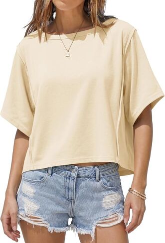 Fisoew Women Oversized Workout Crop Tops Summer Short Sleeve Crewneck Casual Loose Gym Running Athletic Tee Shirts in Saudi Arabia