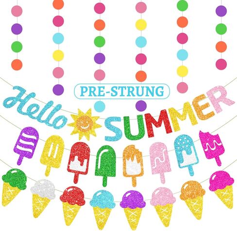 4PCS Pre-Strung Hello Summer Banner, NO DIY Summer Garlands with Sun Sign Popsicle Banner Ice Cream Garland Circle Garland for Fireplace Mantle Office Summer Party Decorations in Kuwait