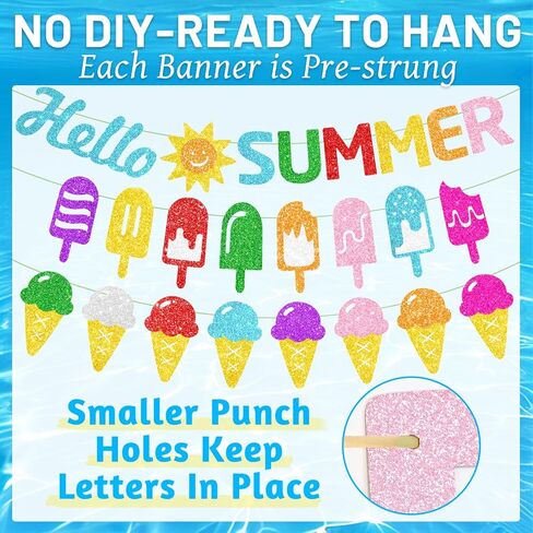 4PCS Pre-Strung Hello Summer Banner, NO DIY Summer Garlands with Sun Sign Popsicle Banner Ice Cream Garland Circle Garland for Fireplace Mantle Office Summer Party Decorations in Kuwait