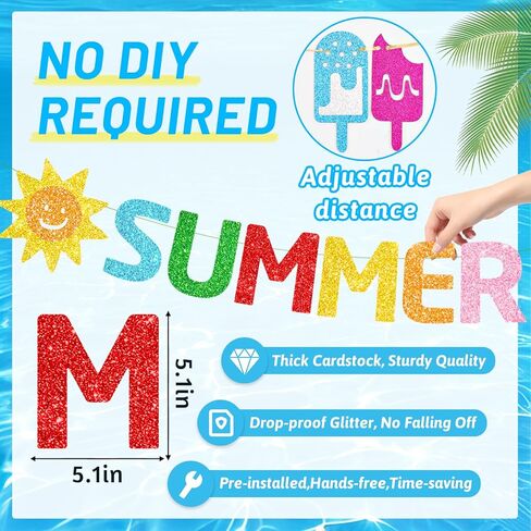 4PCS Pre-Strung Hello Summer Banner, NO DIY Summer Garlands with Sun Sign Popsicle Banner Ice Cream Garland Circle Garland for Fireplace Mantle Office Summer Party Decorations in Kuwait