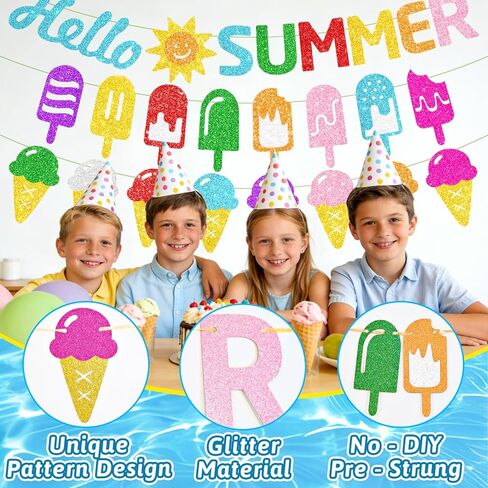 4PCS Pre-Strung Hello Summer Banner, NO DIY Summer Garlands with Sun Sign Popsicle Banner Ice Cream Garland Circle Garland for Fireplace Mantle Office Summer Party Decorations in Kuwait