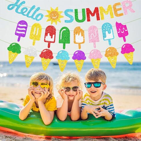 4PCS Pre-Strung Hello Summer Banner, NO DIY Summer Garlands with Sun Sign Popsicle Banner Ice Cream Garland Circle Garland for Fireplace Mantle Office Summer Party Decorations in Kuwait