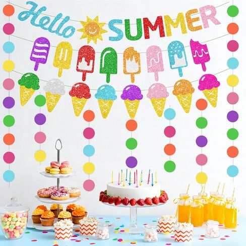 4PCS Pre-Strung Hello Summer Banner, NO DIY Summer Garlands with Sun Sign Popsicle Banner Ice Cream Garland Circle Garland for Fireplace Mantle Office Summer Party Decorations in Kuwait
