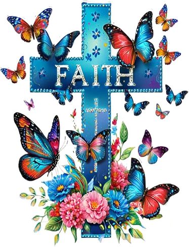 JOJOGIFT Stamped Cross Stitch Kit, Faith Cross with Butterflies and Flowers, Cotton, 8x12 Inches, Pre-Printed Design, Traditional Religious Theme, Complete Set with Thread and Needles (72050) in Kuwait