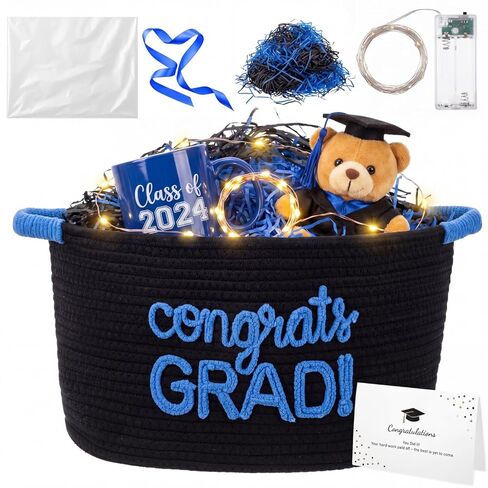 Colingmill 2026 Graduation Large Gift Basket Empty to Fill, 15"x10"x9" Congrats Grad Decorative Rope Storage Basket with Card, LED String Lights & Paper Filler, DIY Graduation Gift(Black Blue) in Saudi Arabia