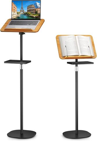 2 in 1 Adjustable Floor Book Stand & Music Stand with Removable Tray, 19.7" to 51.2" Foldable Reading Book Holder with Page Clips for Laptop, Cookbooks, Sheet Music, Wooden Podium Stand for Projector in Saudi Arabia