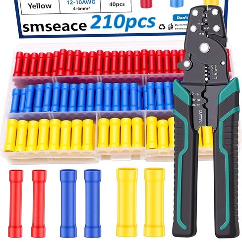 smseace 210PCS Wire Butt connectors with Wire stripper crimping tool22-10AWG Butt Splice Connectors Insulated Electrical Butt connectors Straight Wire Terminal Connectors in Saudi Arabia