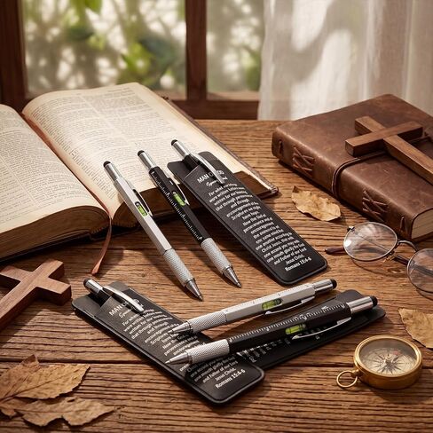 12 Sets Fathers Day Man of God Gifts Bulk for Men 6 in 1 Screwdriver Multi Tool Pens Leather Pen Holder with Bible Verse Gifts Baptism Church Party Favor for Dad Pastor in Kuwait