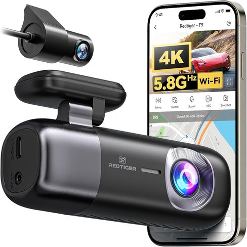 Redtiger 4K Dash Cam Pront ، ADAS ، WiFi GPS المدمج ، كاميرا داش مخفية صغيرة للسيارات مع مستشعر G ، شاشة وقوف السيارات على مدار 24 ساعة ، بطاقة ذاكرة مجانية 32 جيجابايت ، التحكم في التطبيق ، تسجيل الحلقة ، الرؤية الليلية (F9 Lite) in Kuwait