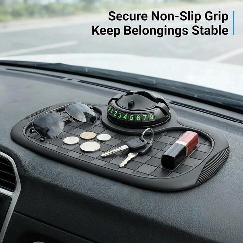 Multifunctional Car Anti-Slip Mat, 360° Rotatable Phone Holder & Hidden Temporary Parking Number, Universal Non-Slip Pad Organizer for Car Phones, Ideal for Daily Commutes, Road Trips & Family Drives in Kuwait