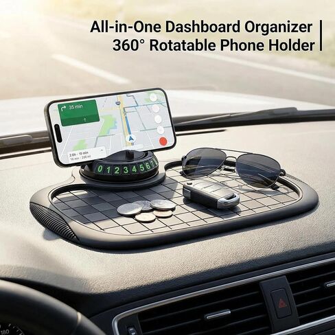 Multifunctional Car Anti-Slip Mat, 360° Rotatable Phone Holder & Hidden Temporary Parking Number, Universal Non-Slip Pad Organizer for Car Phones, Ideal for Daily Commutes, Road Trips & Family Drives in Kuwait