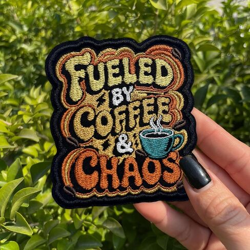 Fueled By Coffee Chaos Patch 3 Inches Funny Coffee Lover Mental Health Humor Iron On/Sew On Embroidery Fabric Applique Patches for Trucker Hats Clothes Backpack DIY Accessories Mom Dad Friends Gifts in Kuwait