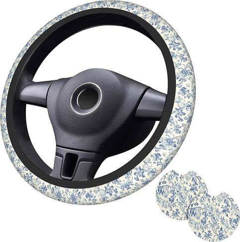 Blue Flower Steering Wheel Cover - Flower Steering Wheel Protector Car Accessories 15inch Neoprene 2 Pcs Car Coasters for Women Men in Kuwait