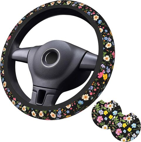 Blue Flower Steering Wheel Cover - Flower Steering Wheel Protector Car Accessories 15inch Neoprene 2 Pcs Car Coasters for Women Men in Kuwait