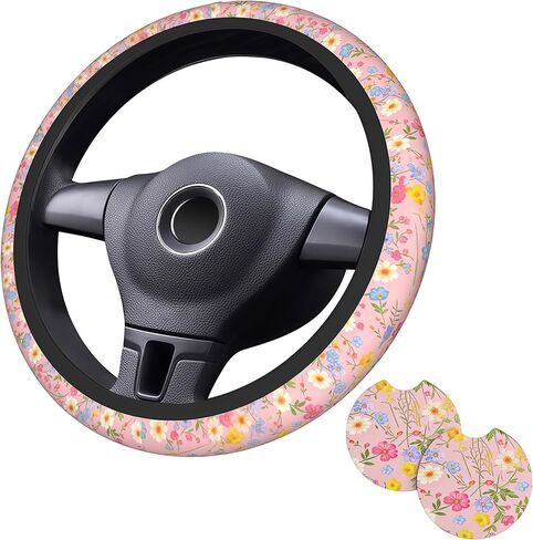 Blue Flower Steering Wheel Cover - Flower Steering Wheel Protector Car Accessories 15inch Neoprene 2 Pcs Car Coasters for Women Men in Kuwait