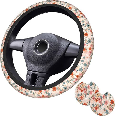 Blue Flower Steering Wheel Cover - Flower Steering Wheel Protector Car Accessories 15inch Neoprene 2 Pcs Car Coasters for Women Men in Kuwait