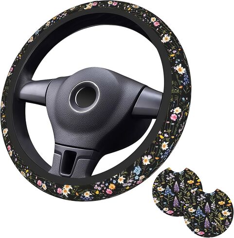 Blue Flower Steering Wheel Cover - Flower Steering Wheel Protector Car Accessories 15inch Neoprene 2 Pcs Car Coasters for Women Men in Kuwait