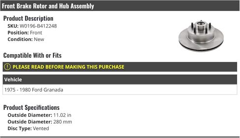 Marketplace Auto Parts Front Brake Rotor and Hub Assembly - Compatible with 1975-1980 Ford Granada in Kuwait