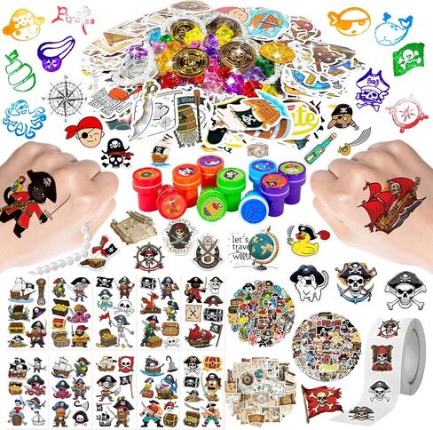 Simple polymer 750+ Pcs Pirate Party Favors Set Includes Coins Stickers Treasures Gems Stamps Pirate Themed Birthday Supplies Treasure Hunt Decor Goodie Bag Stuffer in Saudi Arabia