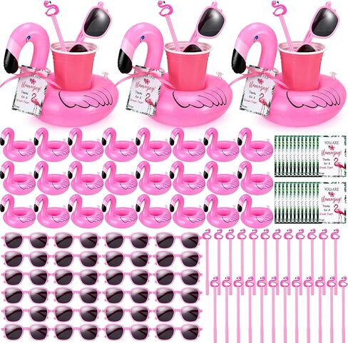 Sliner 24 Set End of Year Students Gift Flamingo Inflatable Drink Holder Bulk Floating Flamingo Pool Drink Holder Sunglasses Preschool Kindergarten Graduation Gift Summer Pool Party Favor from Teacher in Kuwait