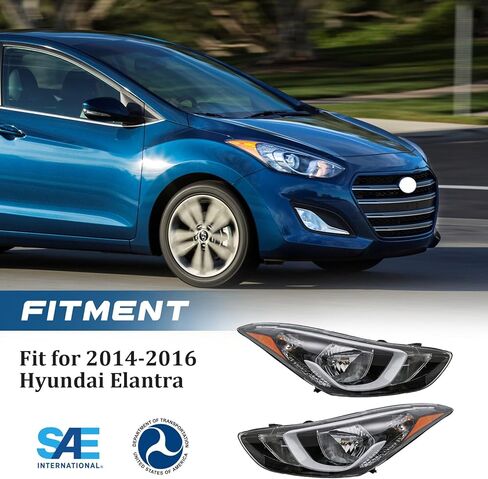 Headlight Assembly for 2014-2016 Hyundai Elantra,2014 2015 2016 Elantra Halogen Headlights Replacement Driver Passenger Side Chrome Housing Amber Reflector Clear Lens HY2502187 HY2503187(No Bulbs) in Kuwait