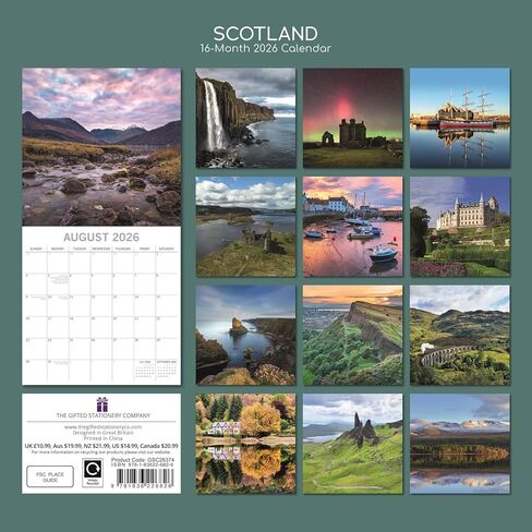 The Gifted Stationery 2026 Square Wall Calendar, Scotland, 16-Month Scenic Britain Theme Hanging Calendar with 180 Reminder Stickers, Month Planner for Home, or Creative Spaces, 12x12 In in Kuwait
