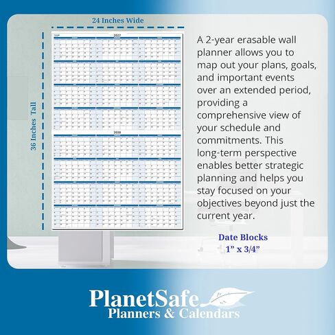 36" x 24" Vertical Full 2-Year Premium Dry-Erasable Wall Calendar 2027 & 2028 - Never ghosts or stains. Complete with Dry-Erase marker and eraser in Saudi Arabia
