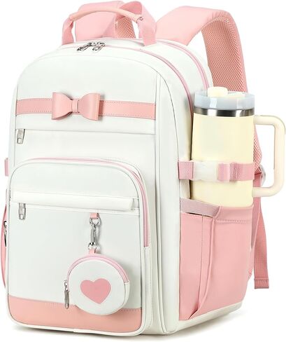 Backpacks for Girls with Pouch Pocket,Cute Pink Bowknot Student Bookbag Fits 17 Inch Laptop Kids Backpack Teacher Bags,Back to School Bag Purse for Teenage,Casual Daypack for Middle School Beige Pink in Saudi Arabia