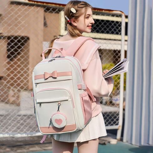 Backpacks for Girls with Pouch Pocket,Cute Pink Bowknot Student Bookbag Fits 17 Inch Laptop Kids Backpack Teacher Bags,Back to School Bag Purse for Teenage,Casual Daypack for Middle School Beige Pink in Saudi Arabia
