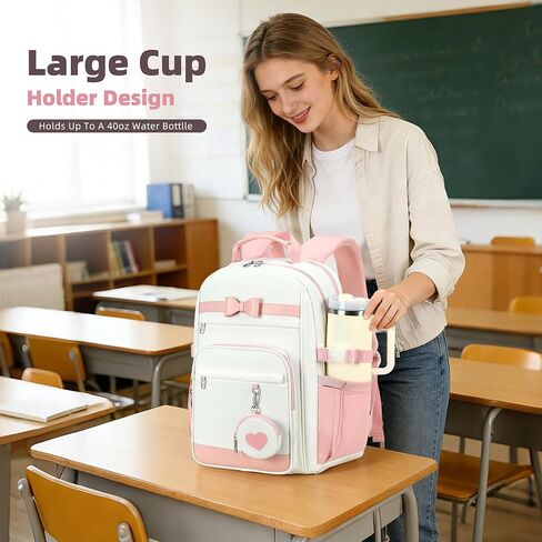 Backpacks for Girls with Pouch Pocket,Cute Pink Bowknot Student Bookbag Fits 17 Inch Laptop Kids Backpack Teacher Bags,Back to School Bag Purse for Teenage,Casual Daypack for Middle School Beige Pink in Saudi Arabia