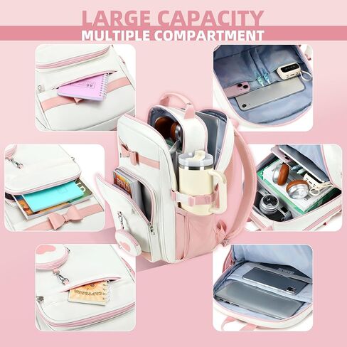 Backpacks for Girls with Pouch Pocket,Cute Pink Bowknot Student Bookbag Fits 17 Inch Laptop Kids Backpack Teacher Bags,Back to School Bag Purse for Teenage,Casual Daypack for Middle School Beige Pink in Saudi Arabia