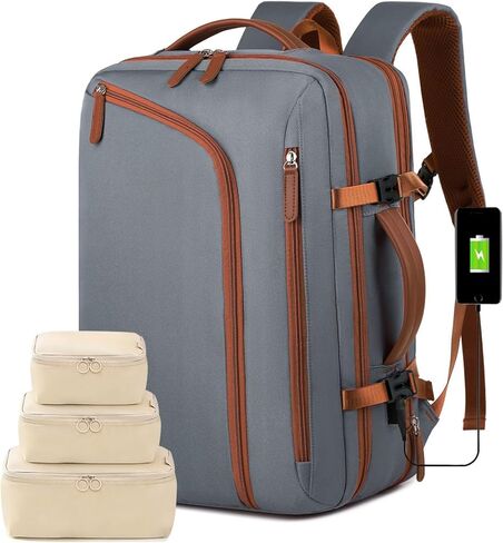 Expandable Carry-On Travel Backpack for Men Women – Water-Resistant Laptop Compartment, USB Charging Port, Wet Pocket & Airline Approved Size for 15.6" Notebook (Beige) in Saudi Arabia