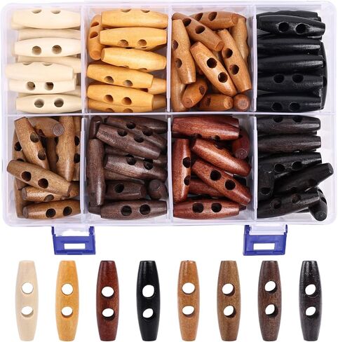Wooden Toggle Buttons, 128 Pcs Oval Wooden Buttons for Sewing, Coat, Sweater, DIY Crochet Projects Crafts with Box(2 Holes, 4cm/1.57in Long, 8 Colors, 16 Pcs Each Color) in Saudi Arabia