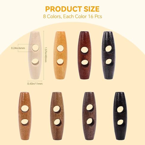 Wooden Toggle Buttons, 128 Pcs Oval Wooden Buttons for Sewing, Coat, Sweater, DIY Crochet Projects Crafts with Box(2 Holes, 4cm/1.57in Long, 8 Colors, 16 Pcs Each Color) in Saudi Arabia