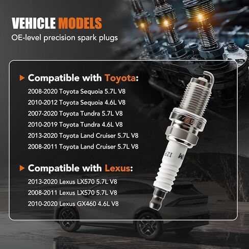 8 Pack Iridium Spark Plugs 6619 LFR6AIX-11 Fit for Toyota Tundra Sequoia Land Cruiser Lexus LX570 GX460 2008 2009 2010 2011 2012 2013 2014 2015 2016 2017 2018 2019 2020 5.7 4.6 V8 in Kuwait