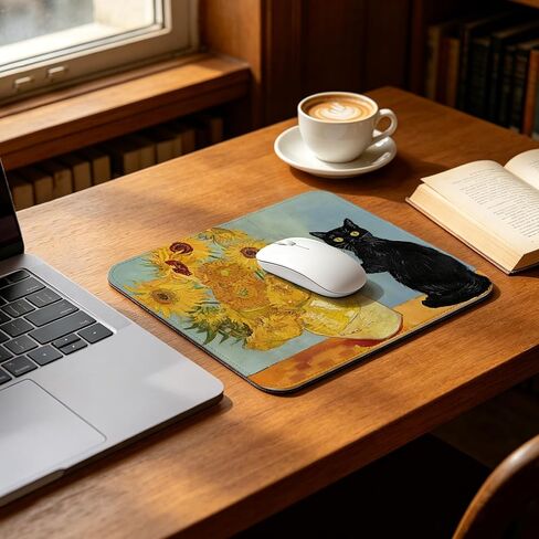 Funny Black Cat Sunflower Mouse Pad, Van Gogh Style Cute Sunflower Cat Mouse Pads for Desk with Non-Slip Rubber Base, Kawaii Art Mouse Mat for Computer, Laptop, Office 10x8 inch in Kuwait