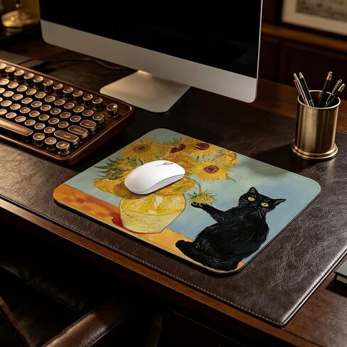 Funny Black Cat Sunflower Mouse Pad, Van Gogh Style Cute Sunflower Cat Mouse Pads for Desk with Non-Slip Rubber Base, Kawaii Art Mouse Mat for Computer, Laptop, Office 10x8 inch in Kuwait