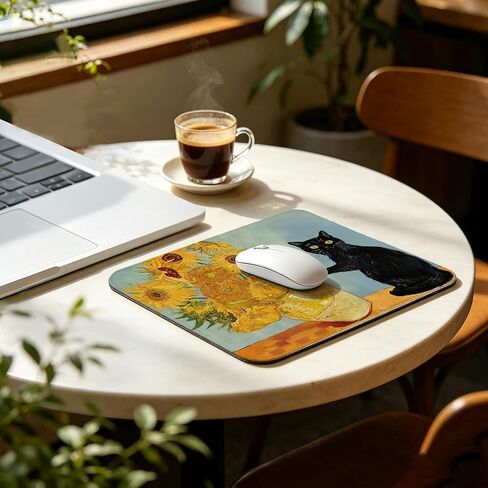 Funny Black Cat Sunflower Mouse Pad, Van Gogh Style Cute Sunflower Cat Mouse Pads for Desk with Non-Slip Rubber Base, Kawaii Art Mouse Mat for Computer, Laptop, Office 10x8 inch in Kuwait