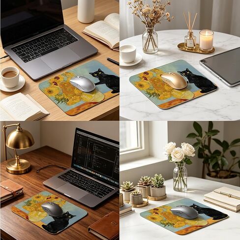 Funny Black Cat Sunflower Mouse Pad, Van Gogh Style Cute Sunflower Cat Mouse Pads for Desk with Non-Slip Rubber Base, Kawaii Art Mouse Mat for Computer, Laptop, Office 10x8 inch in Kuwait