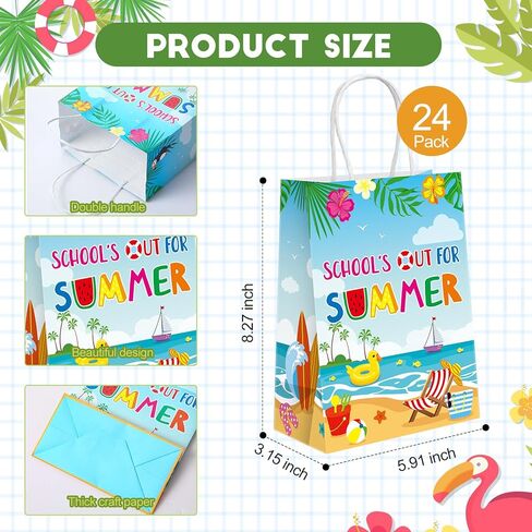 Sweetude 24 قطعة من أكياس الهدايا المدرسية للصيف هدية نهاية العام الدراسي الصيف على الشاطئ وحمام السباحة وحقائب ورقية للحلوى لقضاء العطلات الصيفية والتخرج والاحتفال بالحفلات الاستوائية in Kuwait