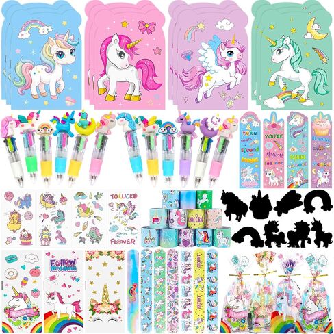Mepmela Unicorn Party Favors, 24 Pack Unicorn Birthday Goodie Bags with Multicolor Pens, Mini Notebooks, Bookmarks, Slap Bracelets, Tattoo Stickers, Birthday Party Supplies Bulk in Saudi Arabia