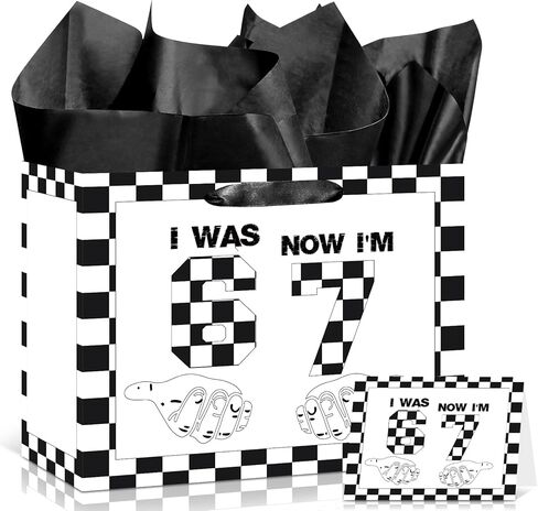Innovoscape Funny 6 7 Birthday Decorations Six Seven Meme Favor Bag with Tissue Paper Card Black I was 6 Now I'm 7 Gift Bag for Boys Kids Funny 7 year old boy Birthday Party Supplies in Kuwait