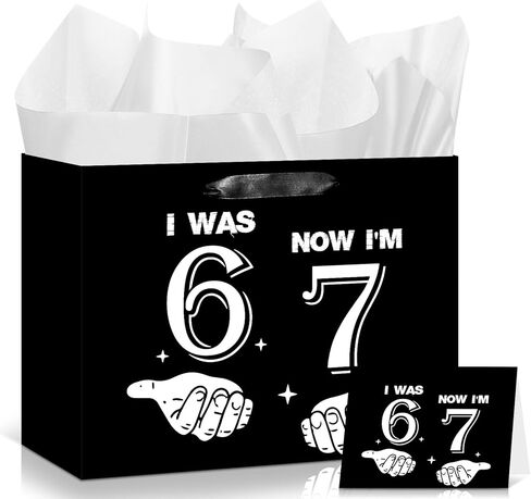Innovoscape Funny 6 7 Birthday Decorations Six Seven Meme Favor Bag with Tissue Paper Card Black I was 6 Now I'm 7 Gift Bag for Boys Kids Funny 7 year old boy Birthday Party Supplies in Kuwait