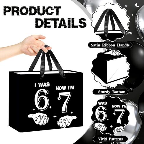 Innovoscape Funny 6 7 Birthday Decorations Six Seven Meme Favor Bag with Tissue Paper Card Black I was 6 Now I'm 7 Gift Bag for Boys Kids Funny 7 year old boy Birthday Party Supplies in Kuwait